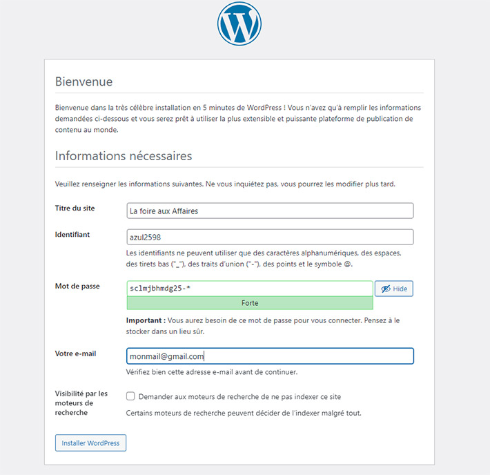 informations connexion WordPress